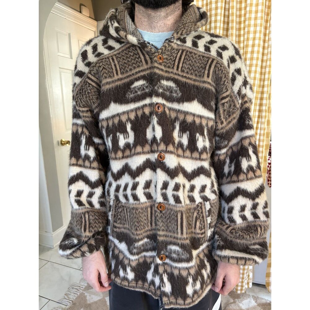 Knit brown aztec printed cardigan sweater with hood